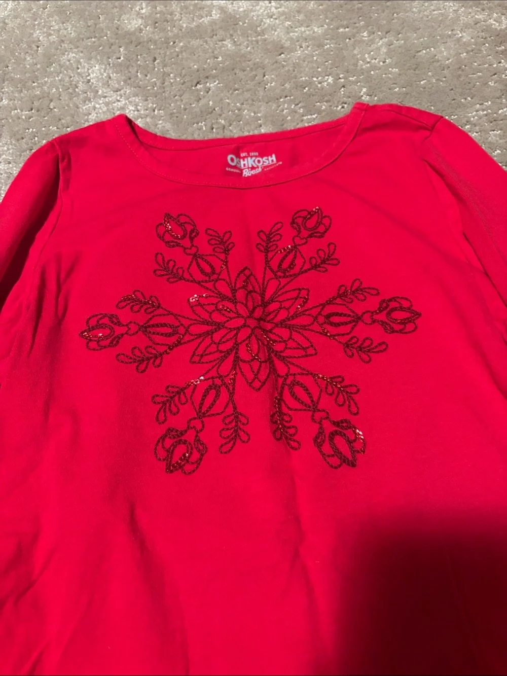 OshKosh B'gosh Long-Sleeve Red Tee with Dark Red/Sequin Snowflake (Size 7)